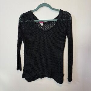 Say What? Womens Black Open Knit Long Sleeve Scoop Neck Sweater Small